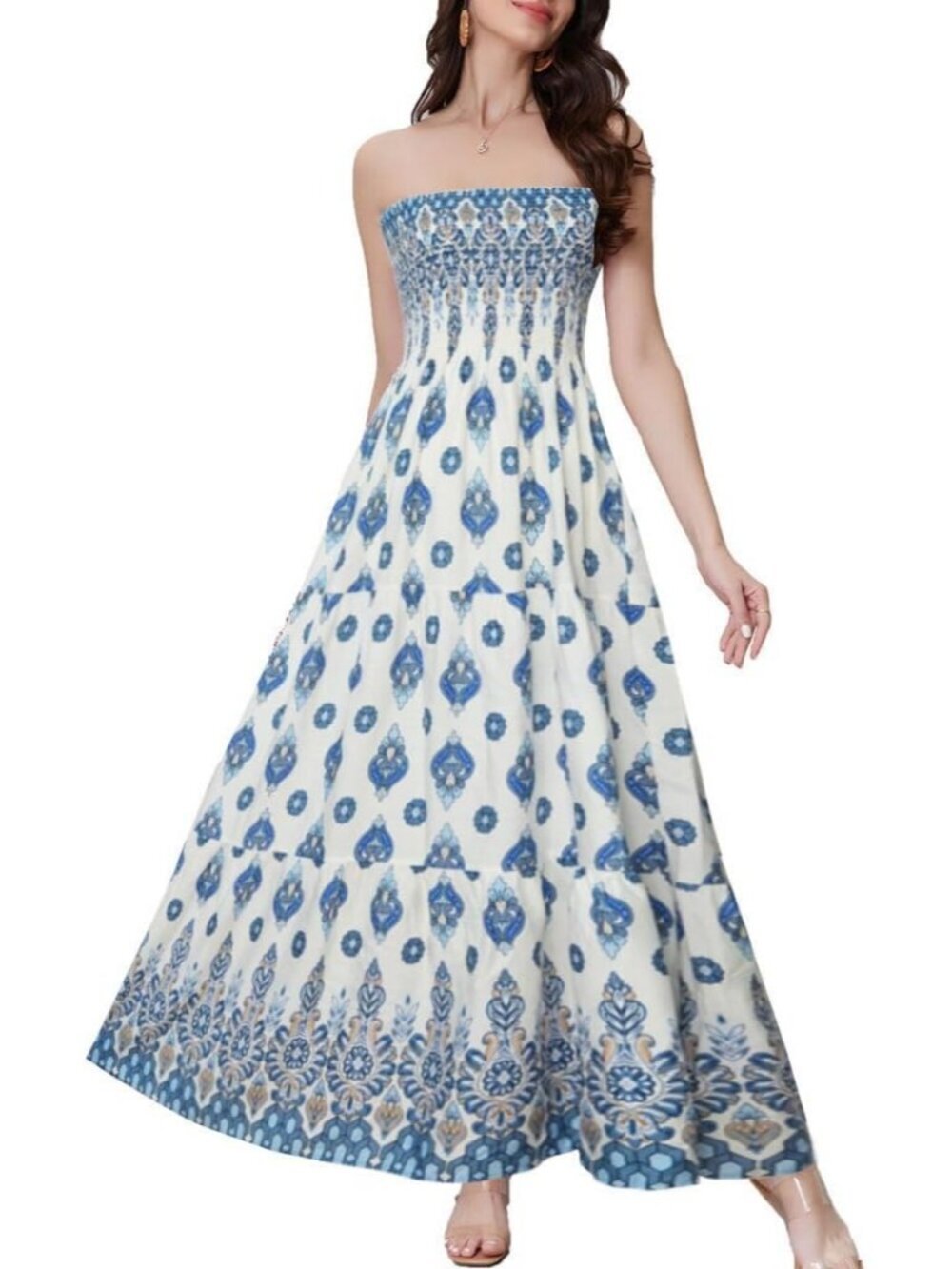 Women's Blue Retro Pattern Tube Top Off Shoulder Boho Beach Long Maxi Dress